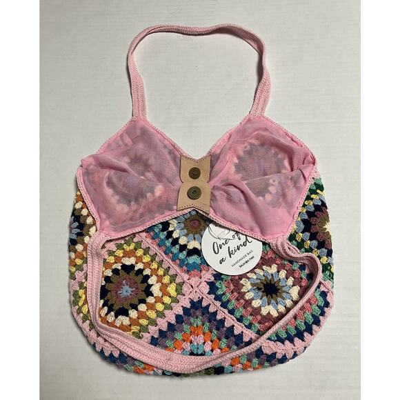 Womens Street Level Boho Crocheted Lined Handbag Granny Square Tote Multi NWT - Picture 5 of 14